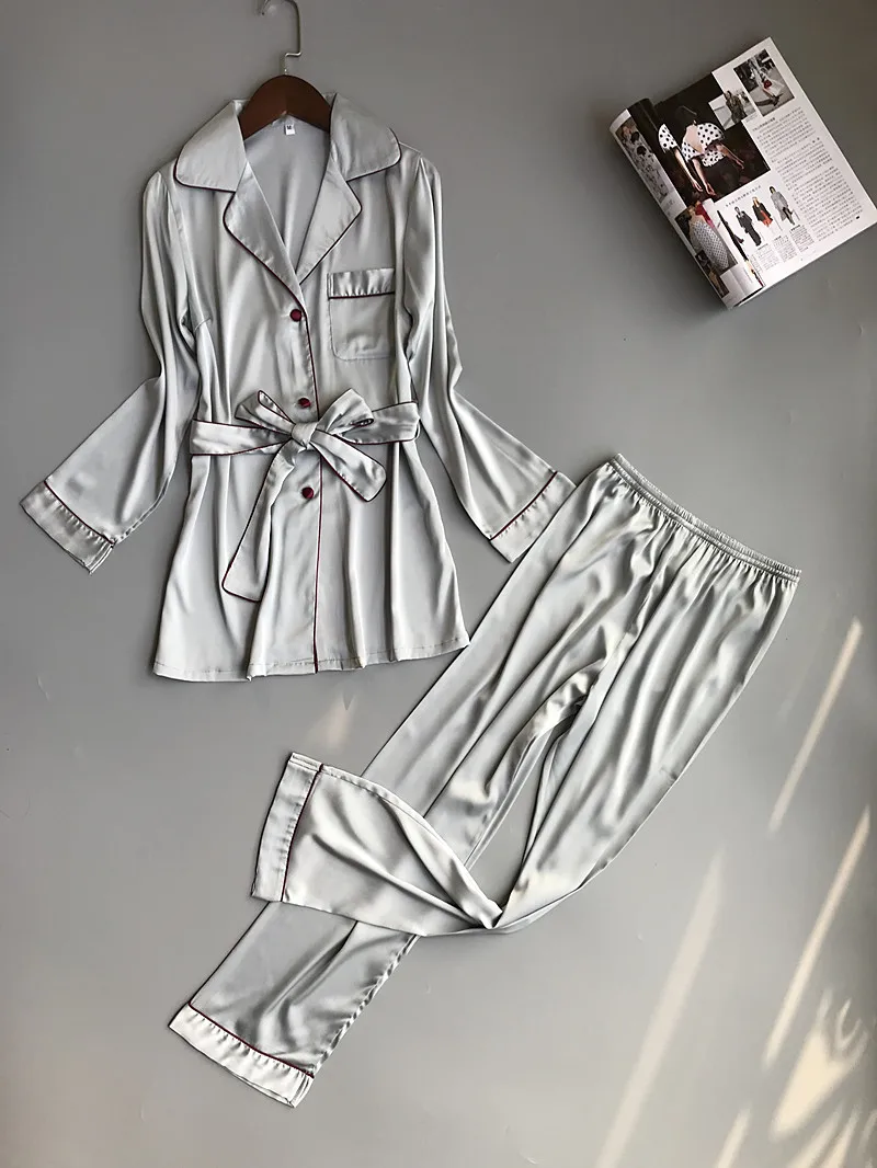 Женская шелковая атласная пижама пижамный комплект с длинным рукавом одежда для