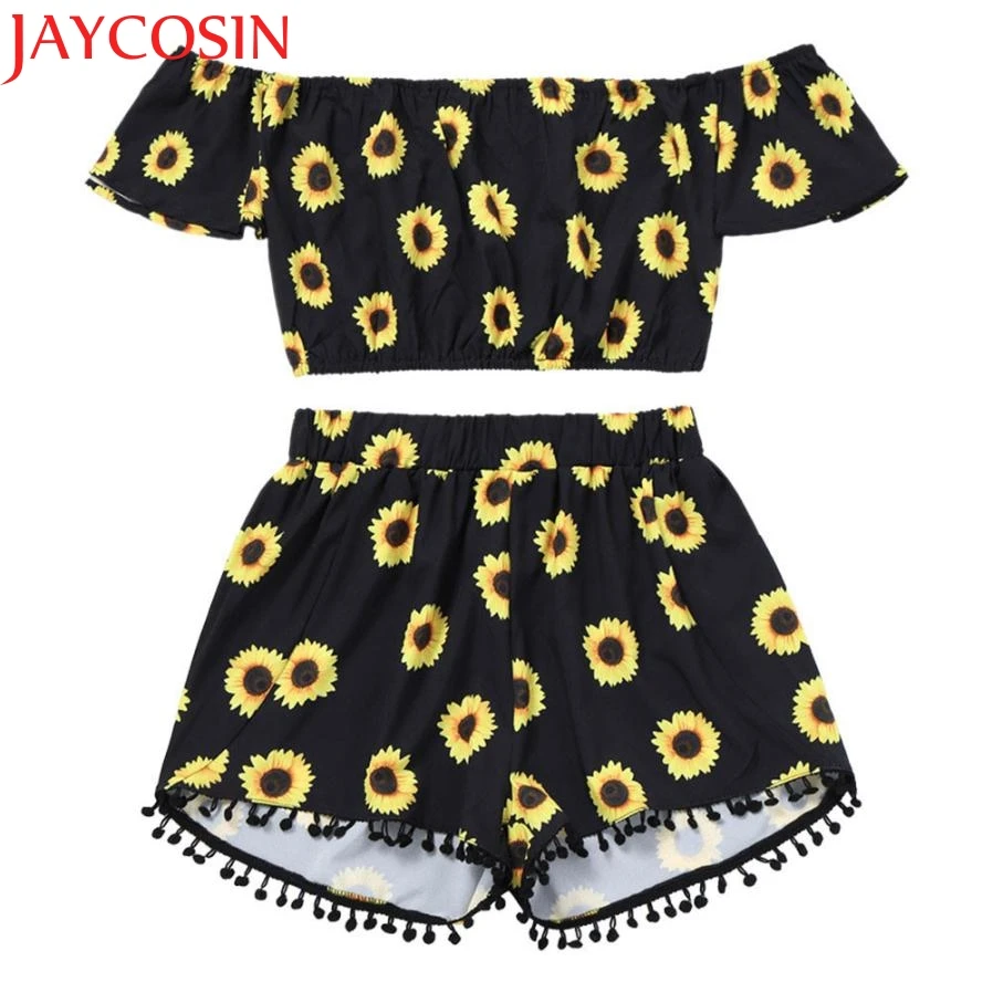 JAYCOSIN женский короткий топ с открытыми плечами и принтом подсолнуха + шорты