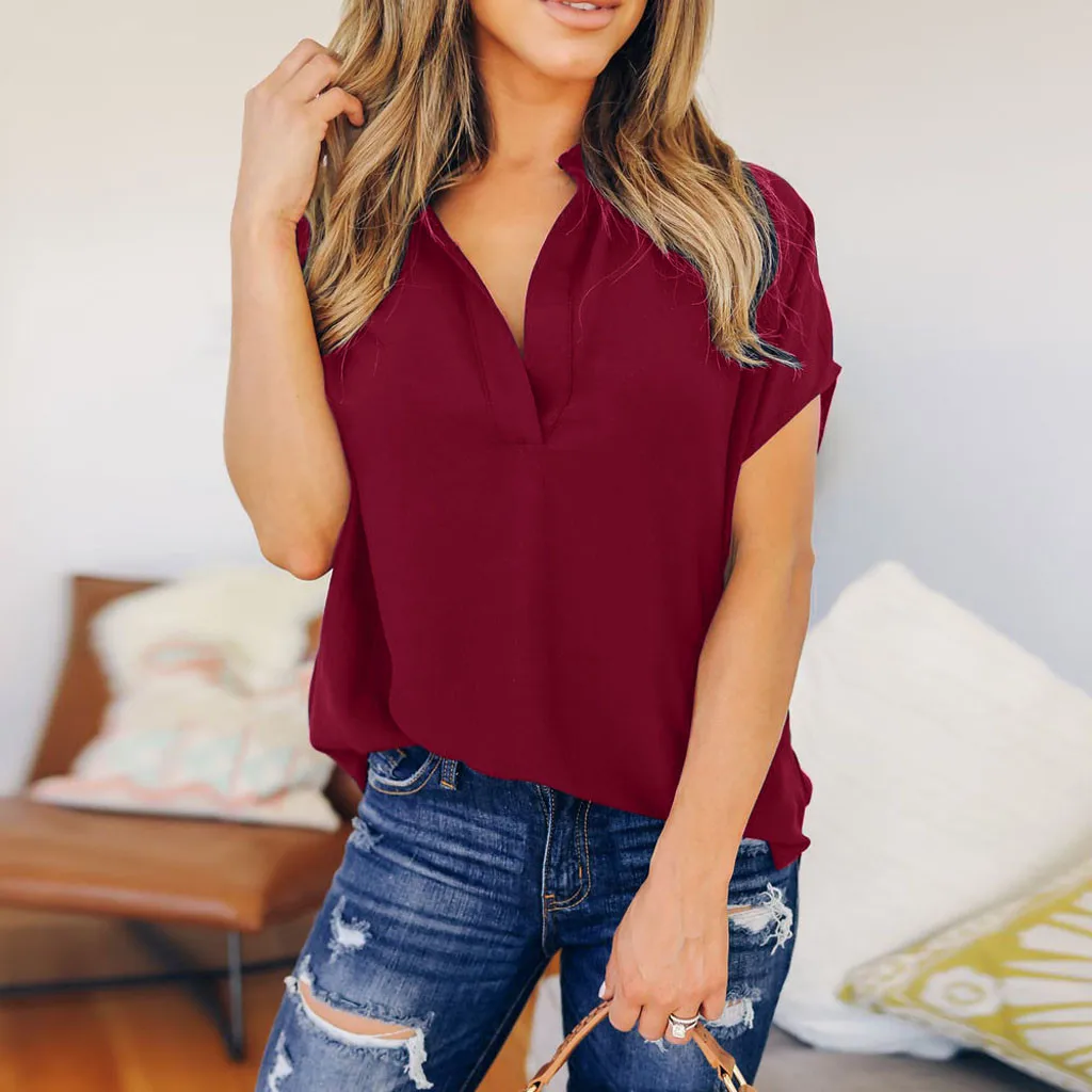 tshirt woman Ladies Summer womens shirts Chiffon Solid Short Sleeve Casual Shirt Tops T-Shirt camisetas verano mujer 2019#BY35 | Женская
