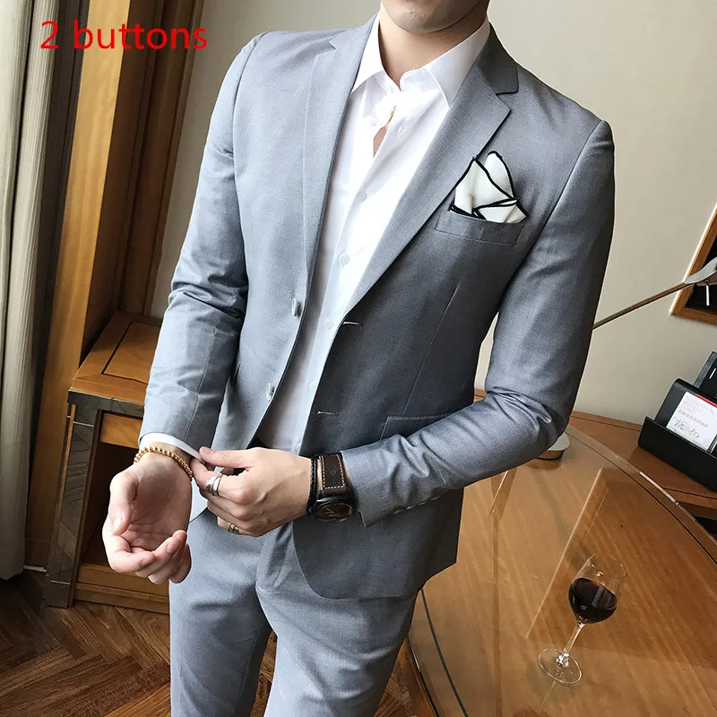 2 buttons Light Grey Пальто брюки) бизнес-отделка высокое качество мужские костюмы два комплекта свадьбы Повседневные Вечерние Классические Серые Костюмы Блейзер одежда - Цвет: 2 buttons Light Grey