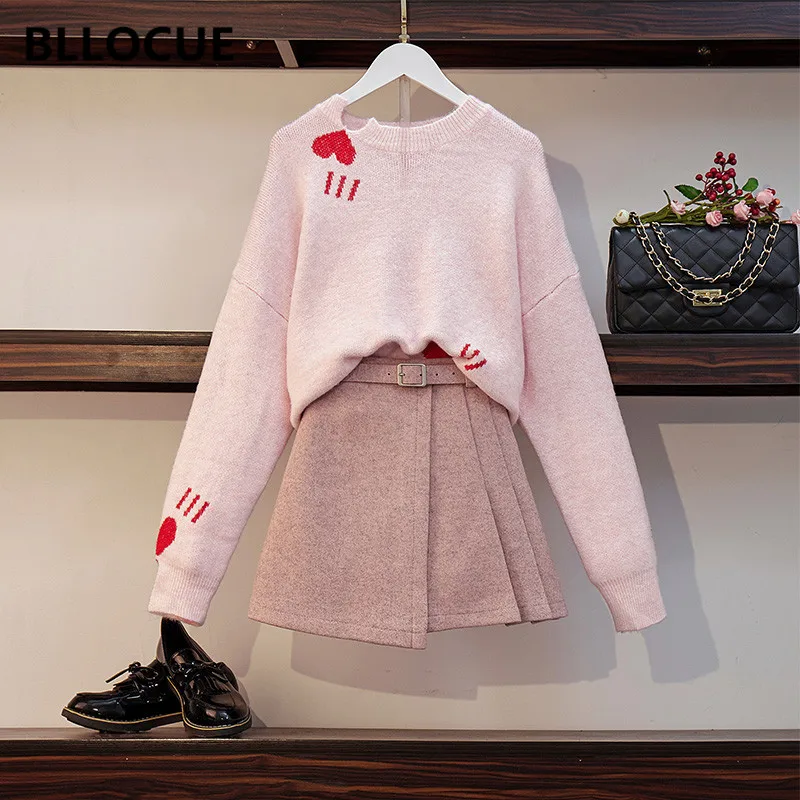 

BLLOCUE 2019 Fashion Women 2 Piece Set Pink Skirt Set Knit Heart Pattern Sweaters Tops + Wool A-line Mini Skirt Set