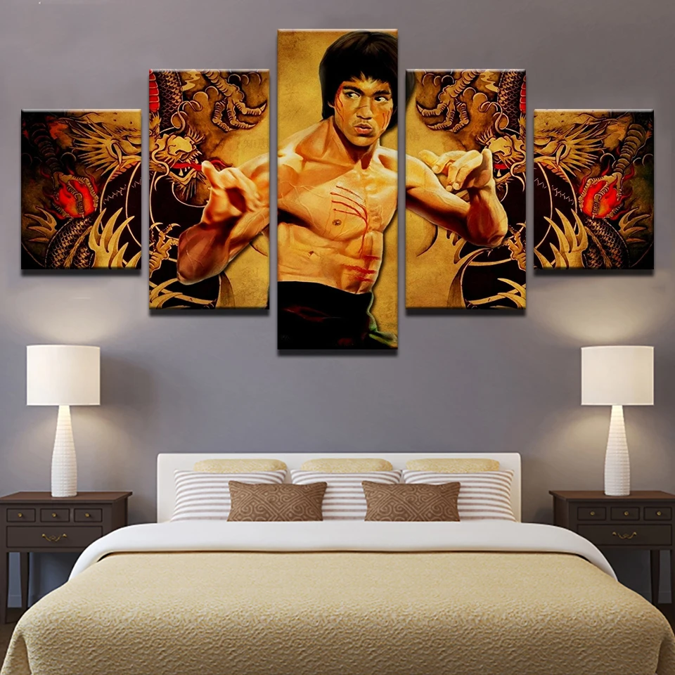 Modern Canvas HD Printed Home Decor 5 Panel Kung Fu Superstar Bruce Lee Poster Framework For Room Wall Art Painting Pictures | Дом и сад