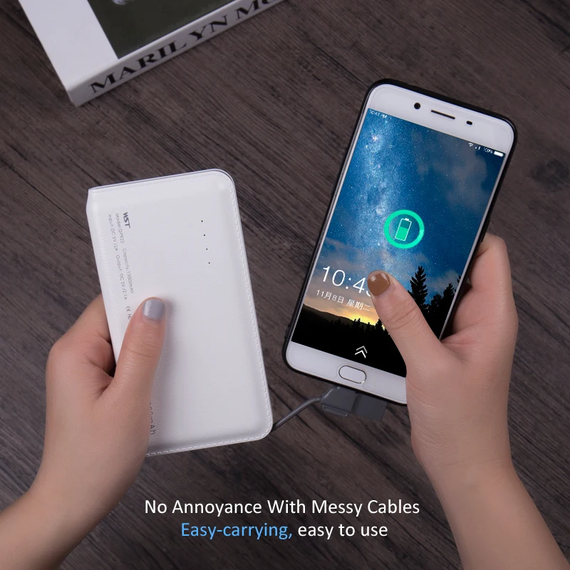 

WST Original Power Bank 12000mAh External Portable Phone Battery With Built in Charging Cable LED Indicator Slim Bateria Externa