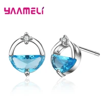 women girls stud earrings shining blue transparant aaa zircon cz spring pool original design 925 silver pierced brincos