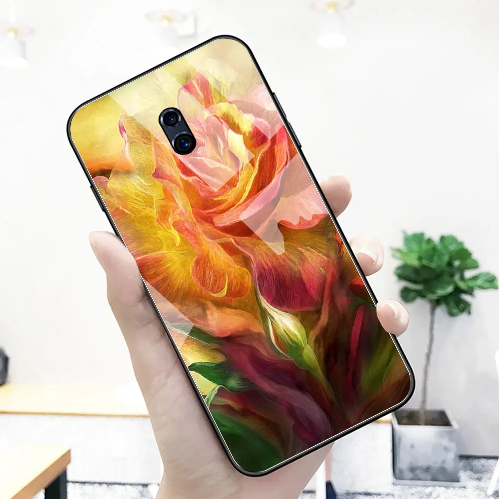 Розовый цветочный чехол для oppo r9 s стеклянная задняя крышка romatic R9 R9S R11 R11S Plus R17 R15 F9