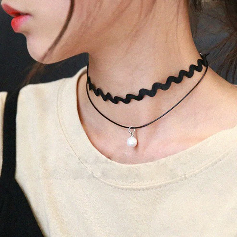 Модный двухслойный кружевной кожаный чокер с цепочкой ожерелье для женщин