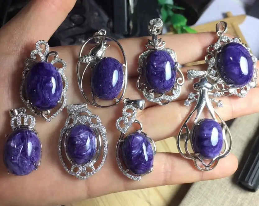 Серебро 925, ювелирное ожерелье, подвеска, натуральный драгоценный камень, кварц, круглая форма капли, Ларимар, камень, Лапис, агат, исцеление, ювелирное изделие, подвеска - Цвет камня: Purple Charoite