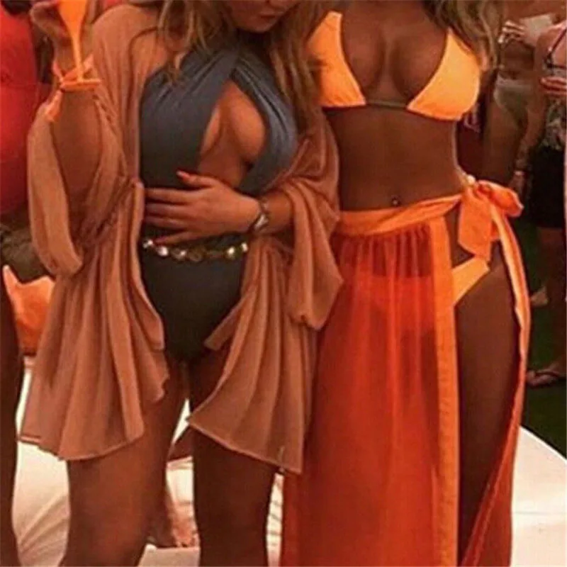 Женский однотонный купальник-бикини накидка юбка с запахом и разрезом | Женская