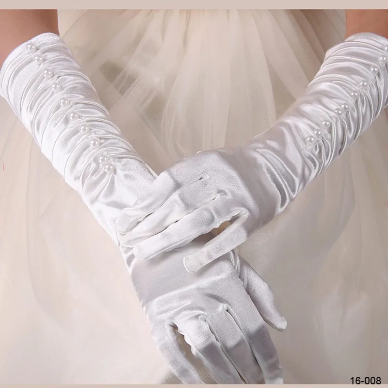 

Hot Sale 2021 New White Ivory Stretchy Satin Long Elbow Wedding Bridal Gloves With Pearls Finger Ruffled Bridal Gloves