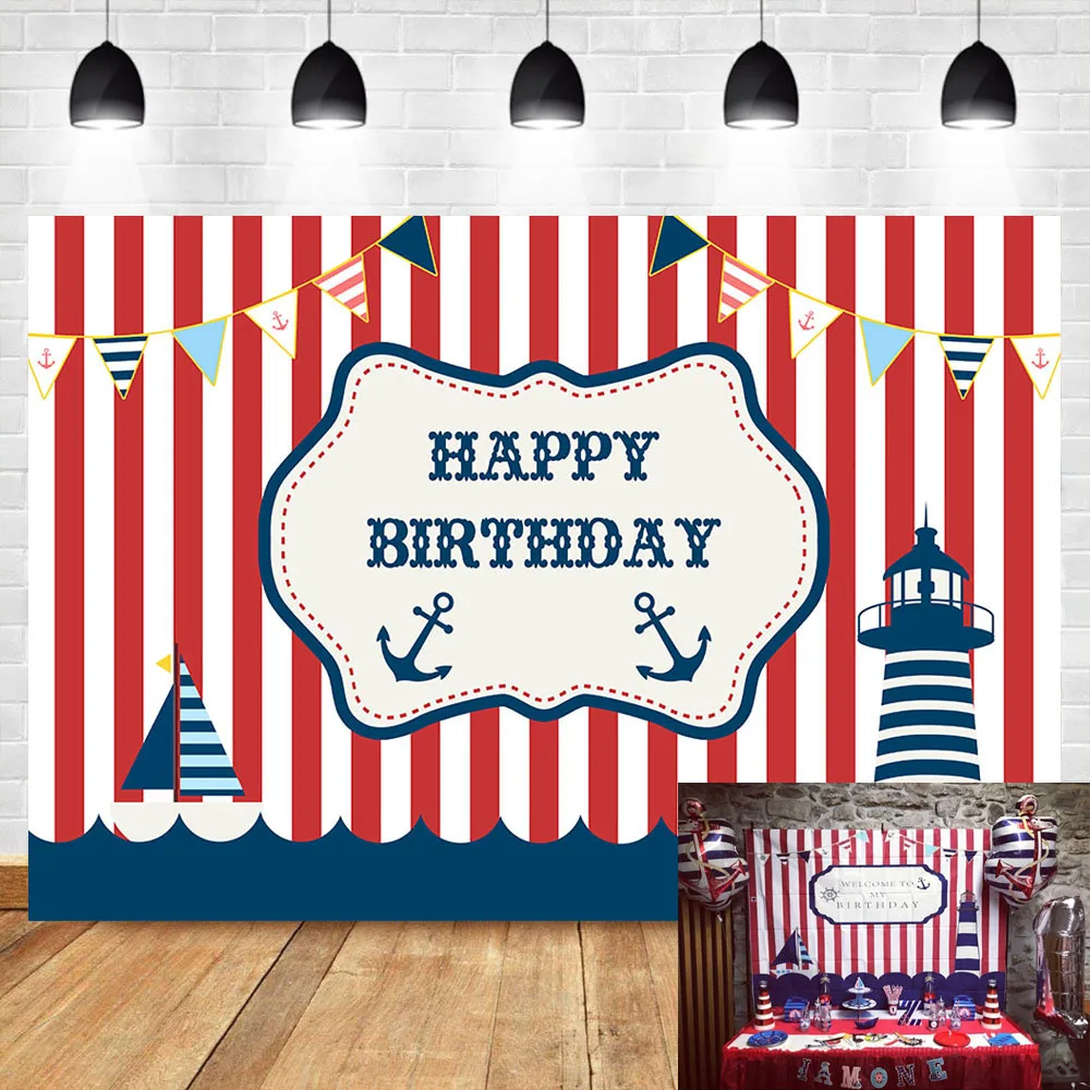 Pirate Theme Photography Backdrops Anchor Nautical Boat Birthday Party Backdrop Red and White Stripes Custom Photo Background