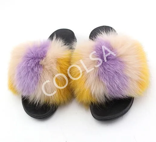 yellow purple Женские Летние вьетнамки с натуральным лисьим мехом; пушистые плюшевые тапочки в полоску; женские шлепанцы; женские меховые сандалии с открытым носком; домашняя обувь на меху - Цвет: yellow purple