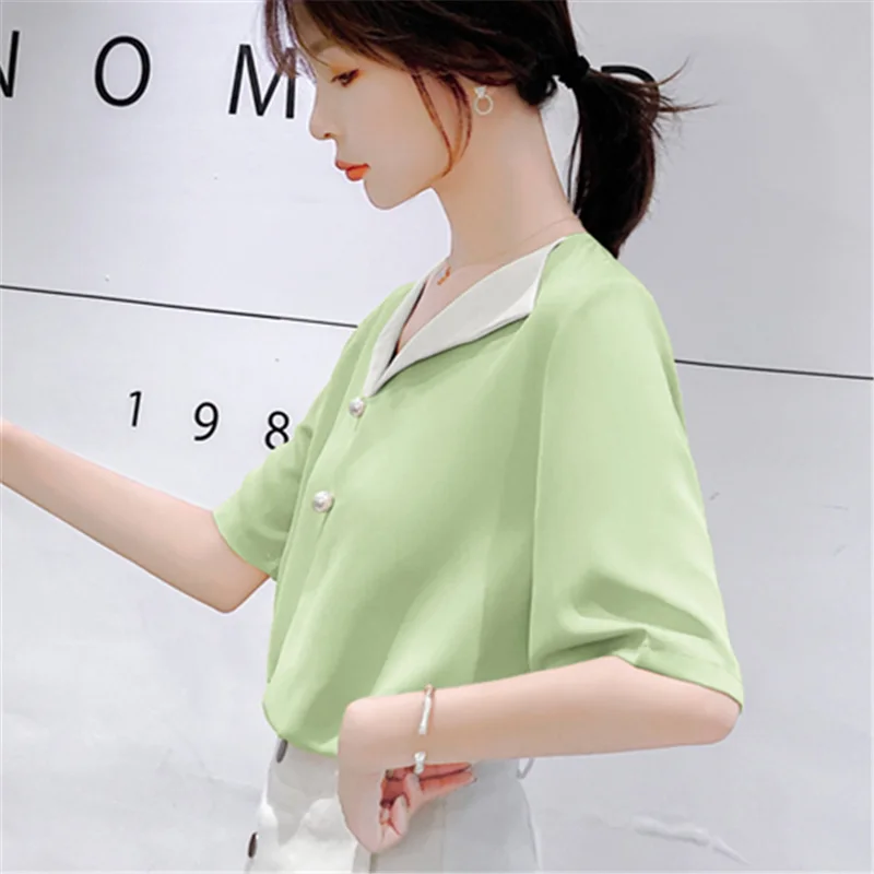 Women Tops 2019 Summer New Fashion Blouses Chiffon Short Sleeve POLO Neck Shirts Solid Color Casual Office Ladies Top Blusas |