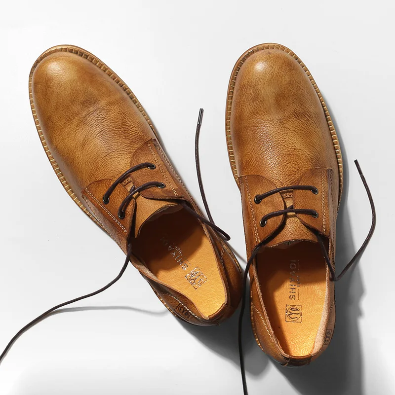 

European style men's vintage simple round breathable leather shoes brown comfortable real cowhide leather flats for men size44