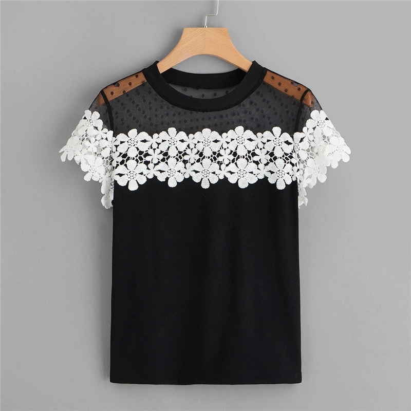 Dotfashion черная сетчатая открытая вязаная футболка Летняя одежда для женщин элегантные женские топы с коротким рукавом модная футболка
