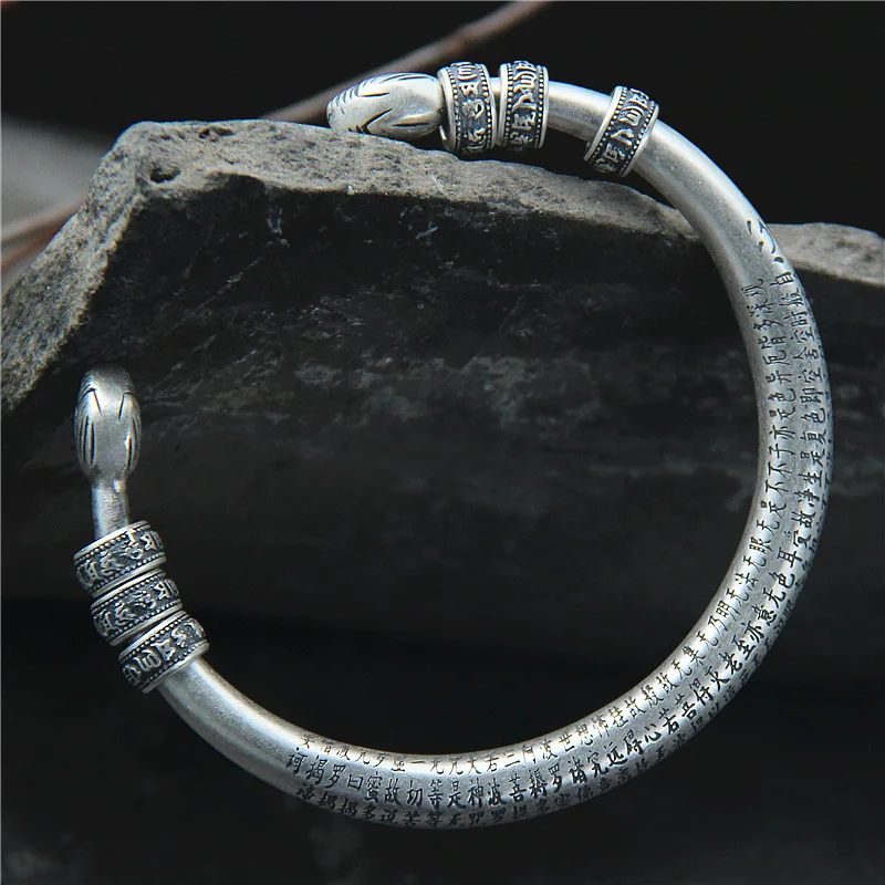 Браслет из тайского серебра S999 в стиле ретро с надписью Six Words|bangles fashion|bangles openbangles