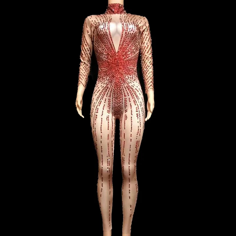 

Sexy Red Rhinestones Jumpsuit Women Rompers Dance Costume Bodycon Club Birthday Celebrate Party Outfit Female Singer Stage Wear