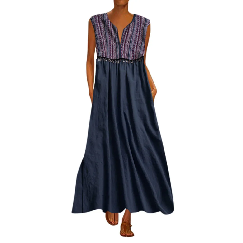 Без рукавов Ретро женское хлопковое и льняное удобное Свободное длинное платье