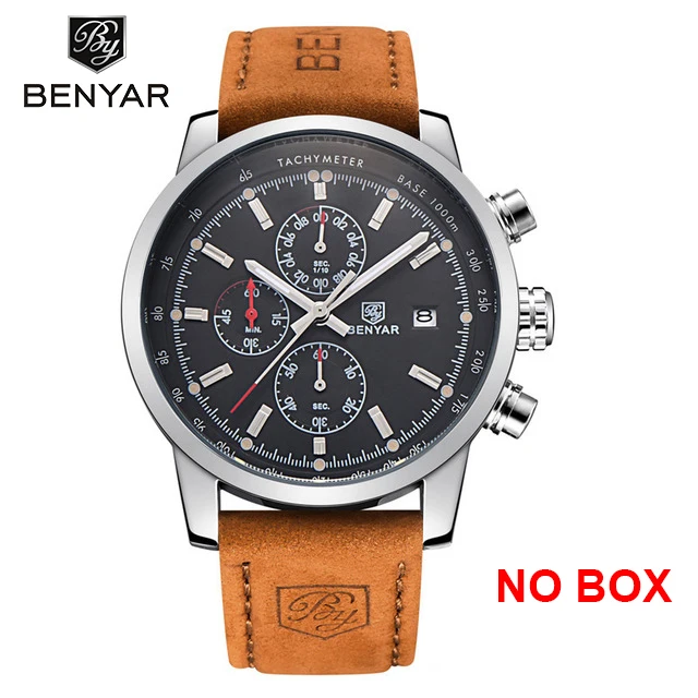 silver black BENYAR новые часы мужские военные Роскошные Лидирующий бренд кварцевые Бизнес Мужские часы модные хронограф кожаные часы Relogio Masculino - Цвет: silver black