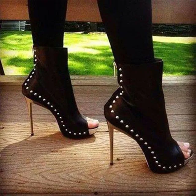 

Sexy Summer Rivts Studded Sole Peep toe Ankle Boots Stiletto High Heels Female Black Leather Bottines Shoes sandals Boots