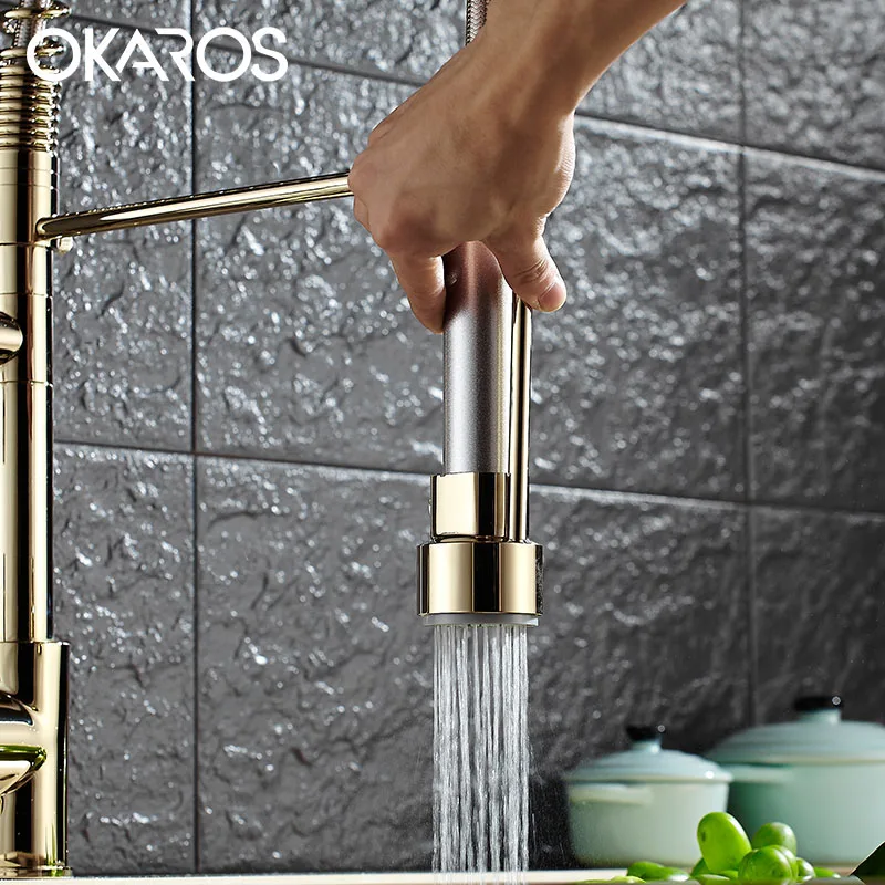 OKAROS кухонный медный кран Выдвижной двойной опрыскиватель Золотой готовой сосуд