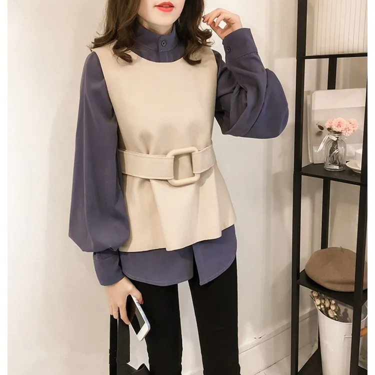 Plus Size New Women Tow Piece Sets Korean Style Sleeveless Vest And Lantern Sleeve Shirt Suits Sashes Casual Loose Outfits | Женская