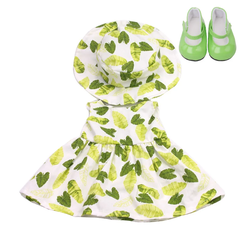 

18 inch Girls doll dress Summer print dress + hat with shoes American newborn skirt Baby toys fit 43 cm baby dolls c216