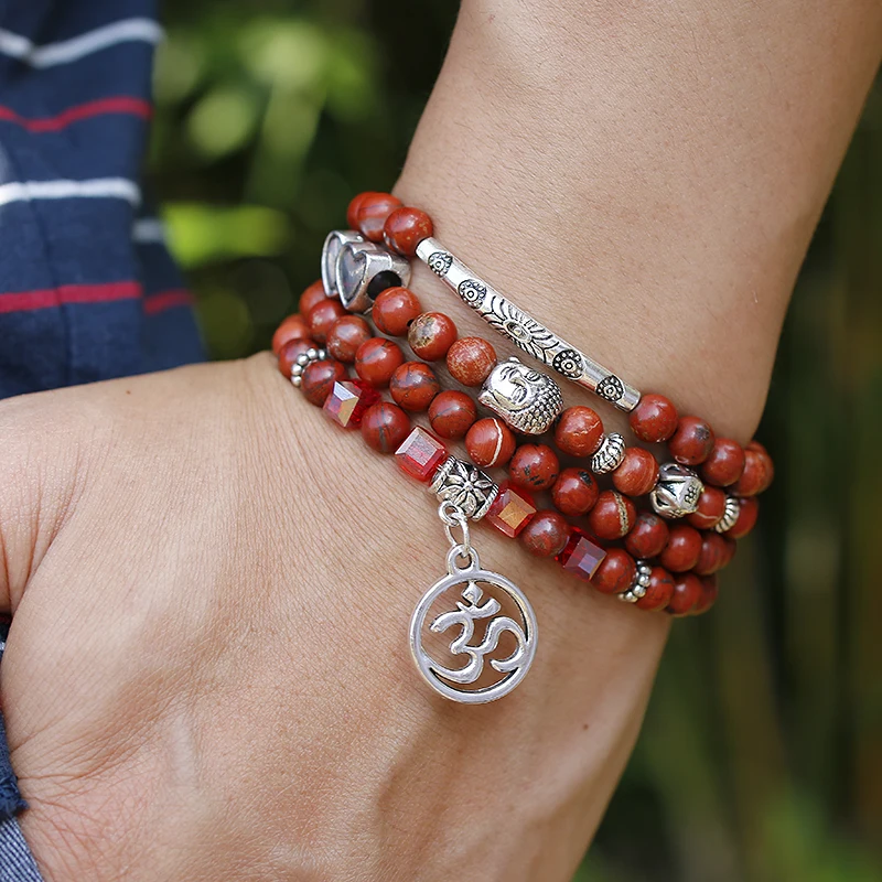 108 Mala Beads Natural Red Stone Wrap Bracelet Crystal Yoga Necklace Meditation Rosary Lotus Alloy Charm Bracelets | Украшения и