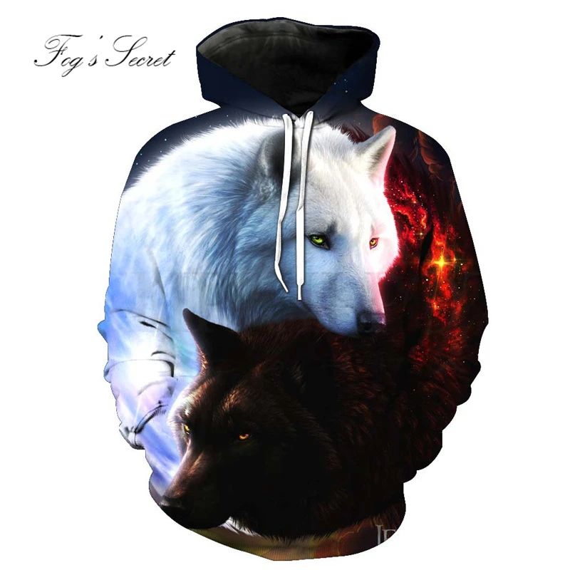 2019 Couple Women Hoody Cool Wolf Fashion Black White Double Pullover 3D Digital harajuku Printed | Женская одежда