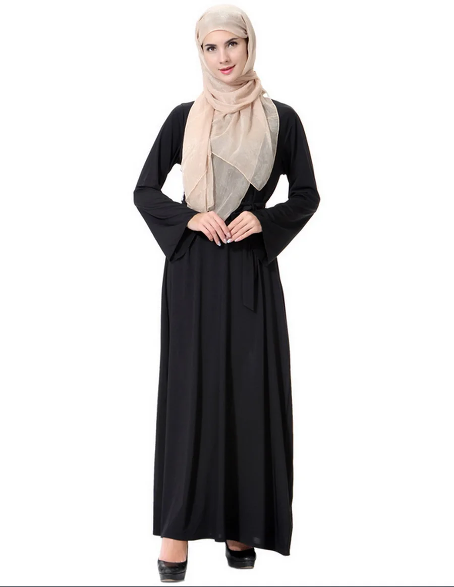 Мусульманская одежда с длинным рукавом арабский халат для женщин, жемчужная пряжка с круглым вырезом Дубай абайя платье с поясом TH906