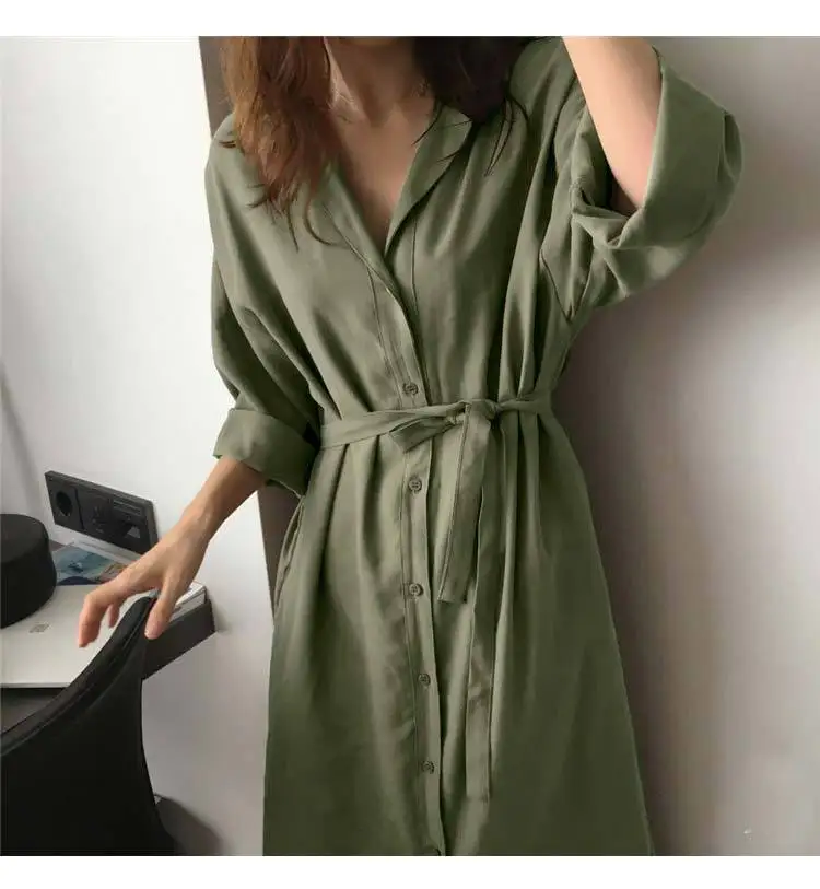 Oxdra Normcore одноцветное платье свободные платья со шнуровкой длинный рукав отложной