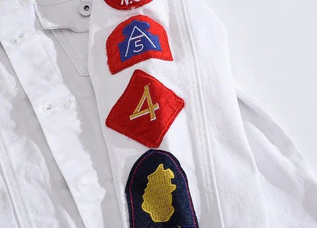 2019 Новый Для мужчин белая джинсовая куртка однобортная с лацканами из лоскутков s