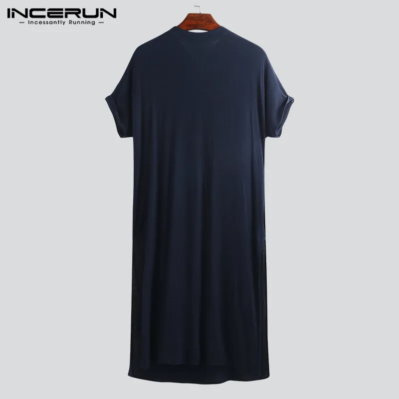 INCERUN, винтажная длинная футболка для мужчин, короткий рукав, однотонный, Повседневный пуловер, индийская одежда для мужчин, свободные, с разрезом, футболки для мужчин