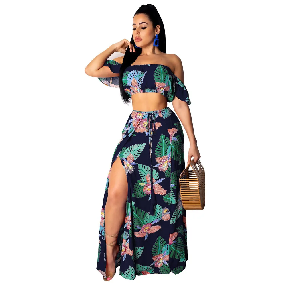 Sexy Ruffles Slash Neck Crop Top and Split Long Skirt Women 2 Two Piece Set 2019 Summer Floral Print Boho Beach Dress | Женская одежда
