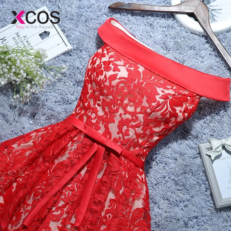 XCOS vestido de noiva simples с открытыми плечами красные платья подружек невесты кружевное