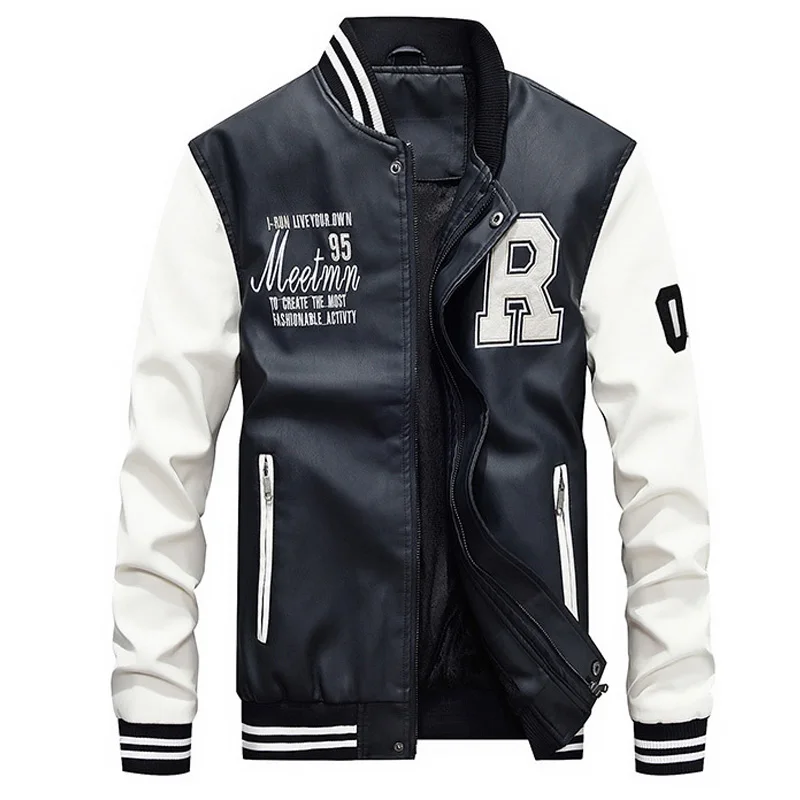 

Brand New PU Leather Jacket Men Wool Liner Fleece Warm Patchwork Military Jacket Baseball Collar Pilot Leather Jacket Coat