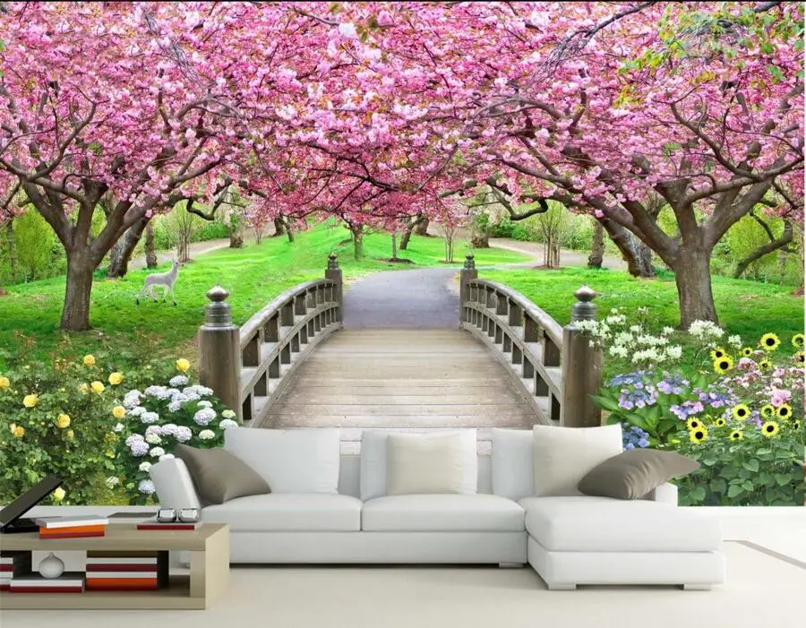 3d фрески на заказ красивые вишневые деревья маленький мост пейзаж стену фреска