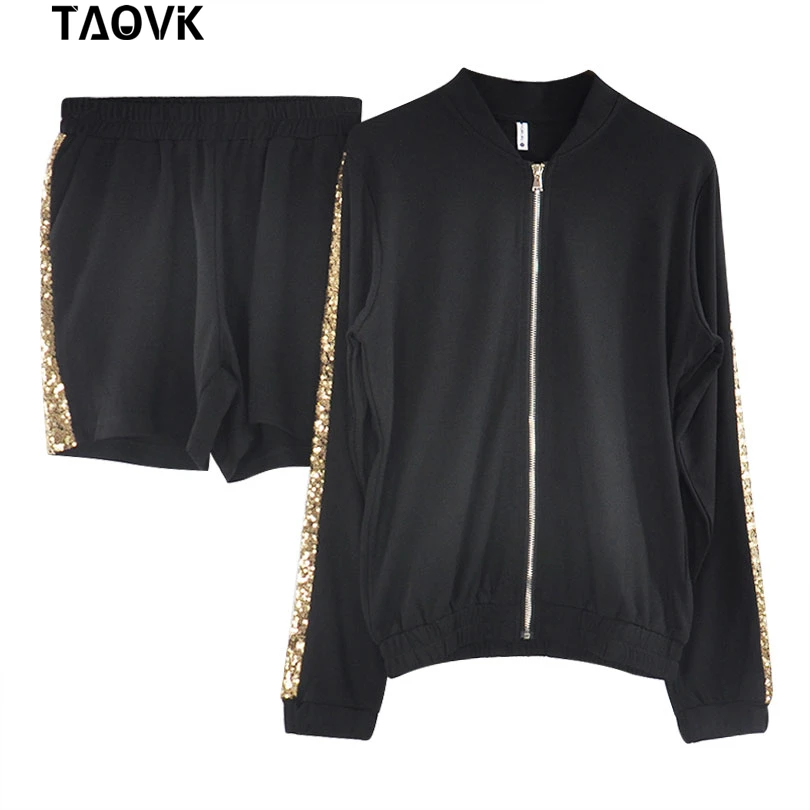 Black Женский костюм из двух предметов TAOVK, летний спортивный костюм с жакетом на молнии и шортами - Цвет: Black
