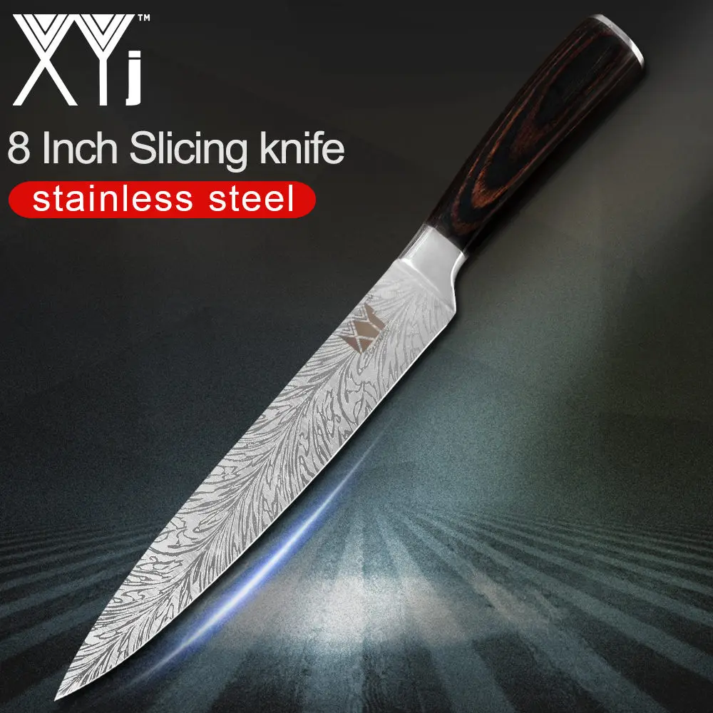 8 inch Slicing Knife XYj нож из нержавеющей стали с красивым узором 7cr17, лезвие из нержавеющей стали, цветные кухонные ножи с деревянной ручкой, набор ножей из 8 предметов - Цвет: 8 inch Slicing Knife
