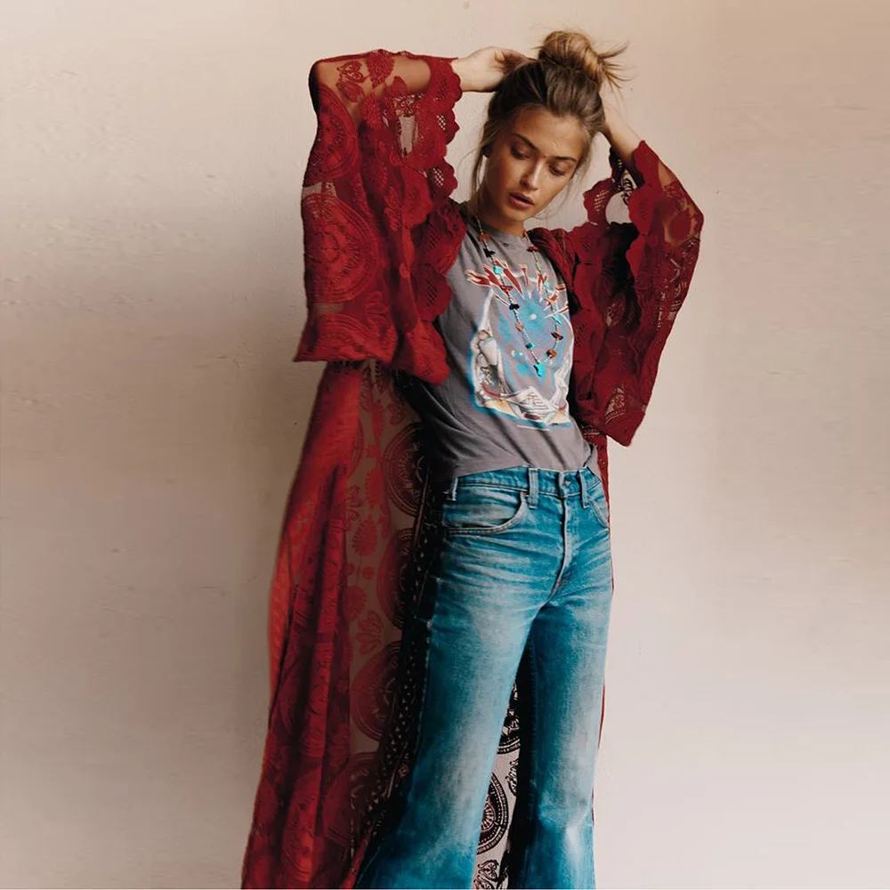 

FOLOBE Fashion Lace Cardigan Women Flare Sleeve Floral See Through Loose Blouse Bohemian Maxi Long Beach Shirt Plus Size