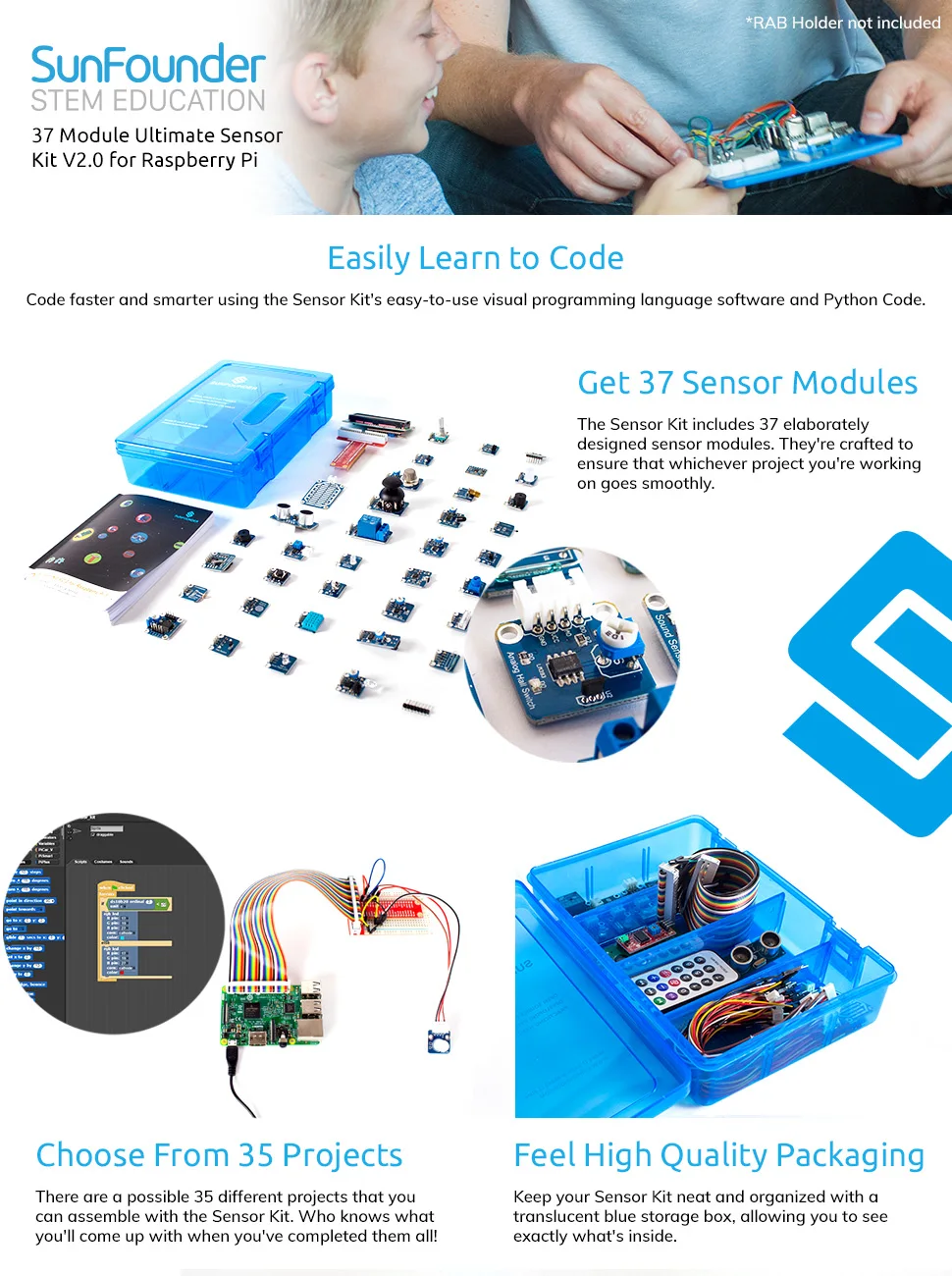 Sunfower 37 модулей в 1 коробке комплект датчиков V2.0 для Raspberry Pi 4B 3B+ 3B 2B B+ RPi 1 Модель B+ стартовый комплект