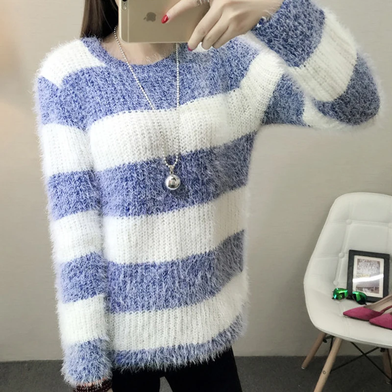 Пуловер женский вязаный в полоску свитер из мохера повседневный Свободный