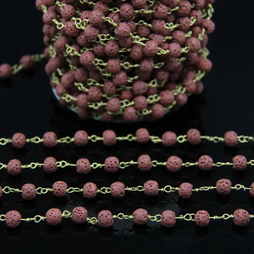 5Meters 6mm Natural Lava Bronze Copper Chain Red Volcano Rock Round bead Brass Wire Wrapped Rosary Style Charms | Украшения и