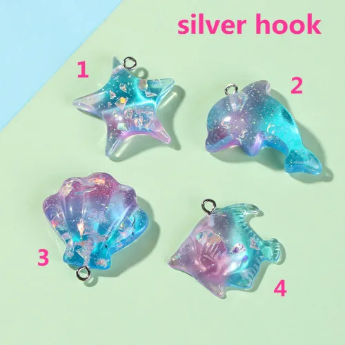 silver hook 10 шт. блестящие кабошоны из смолы с плоским основанием градиентного цвета морские или Морские обитатели тематические подвески для сережек diy - Цвет: silver hook
