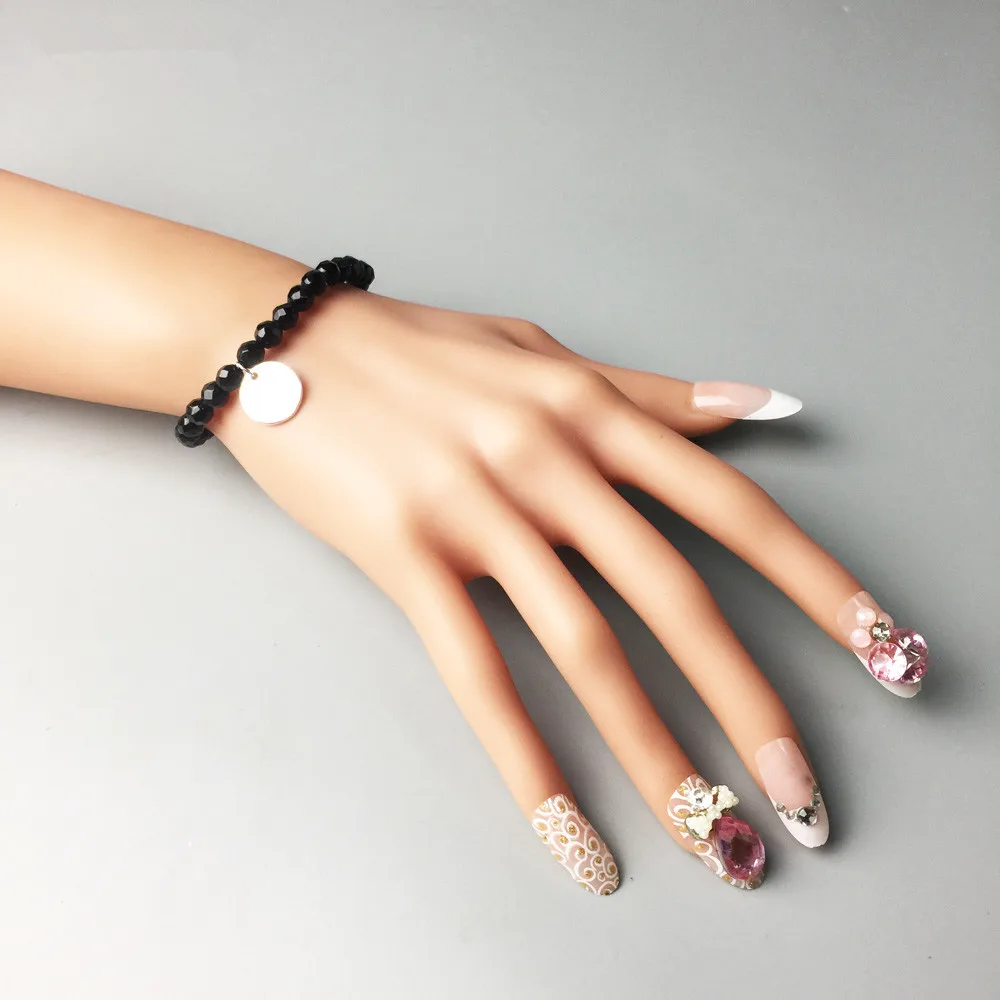 

6mm Black Facet Onyx Beads Bracelets with 925 Sterling Silver Round Disk, 2018 Fashion DIY Bracelet Jewelry Gift For Women Men