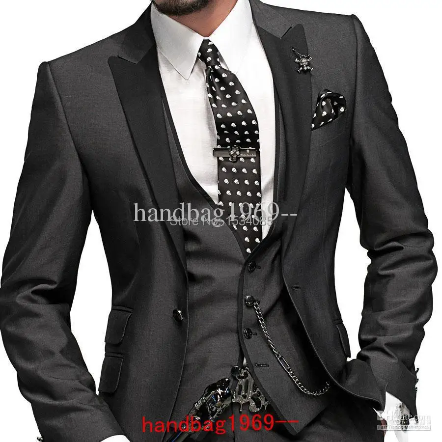 2015 Custom Made One button Charcoal Groom Tuxedos Best Man Suits Groomsmen Men Wedding (Jacket+Pants+Vest+Tie) OK:324 | Мужская одежда