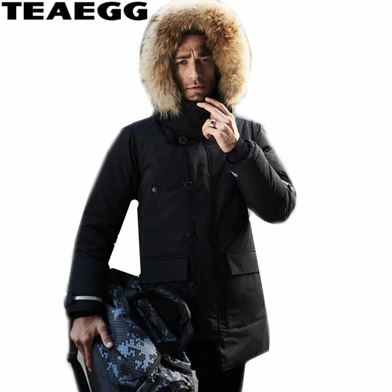 TEAEGG Высококачественная Черная мужская зимняя куртка пуховик на утином пуху