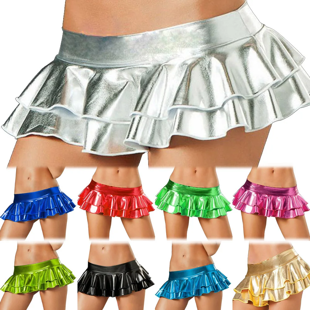 

Sexy Pu Shiny Metallic Leather Latex Wetlook Women Lady Layered Ruffled Mini Flared Frill Skirt Shorts Lingerie Dress Summer