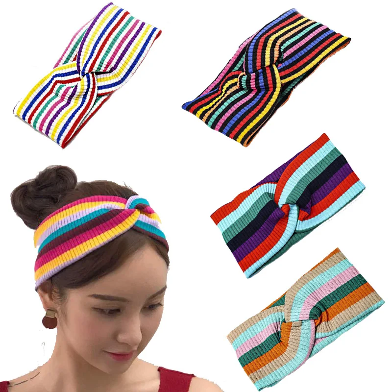 

2019 Fashion Rainbow Striped Headband For Women Knit Elastic Hair Bands Girls Hair Accessories Opaska Haarband