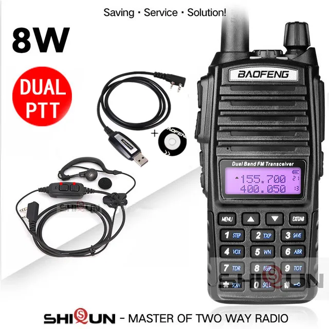 Add Cable-Dual PTT Обновление BaoFeng UV-82 8 Вт Baofeng UV 82 портативная рация 10 км Baofeng 8 Вт радио двойной PTT UV-XR UV-9R GT-3TP радио 10 км UV-5R 8 Вт - Цвет: Add Cable-Dual PTT