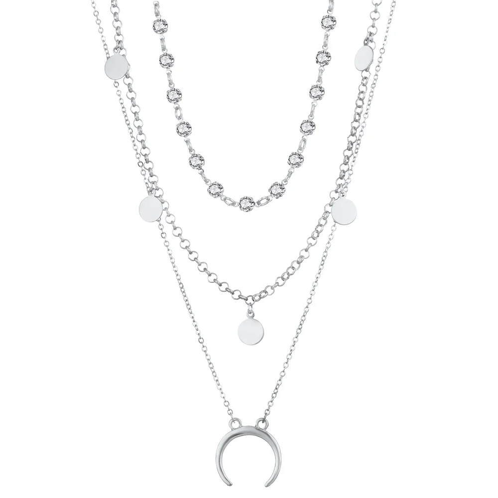 FAMSHIN Multilayer Crystal Moon Pendant Necklaces For Women Vintage Charm Choker Necklace Statement Party Jewelry Accessories | Украшения и